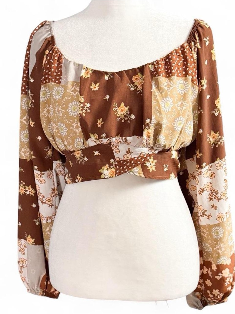 Altar’d State Boho Patchwork Floral Crop Top Brown Tan Size Large